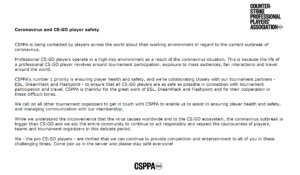 『CSPPA(Counter-Strikeプロ選手協会)』が新型コロナウイルスに関連し、選手の健康と安全を最優先するとの声明を発表