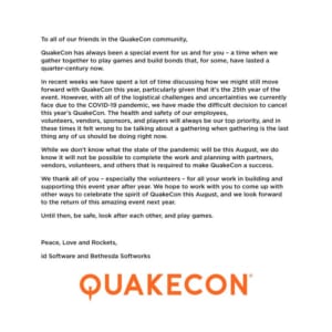 25周年となるLANゲームパーティ『QuakeCon 2020』、新型コロナウイルスの感染拡大防止のため開催中止に