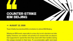 「Team Vitality」が『IEM Beijing 2026』の招待を辞退、選手の育児休暇に合わせメジャー最優先のスケジュールを選択