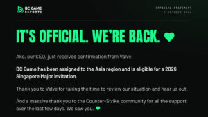 Valveが「BC.Game Esports」のアジアリージョン割り当てとメジャー出場資格を公式に確認